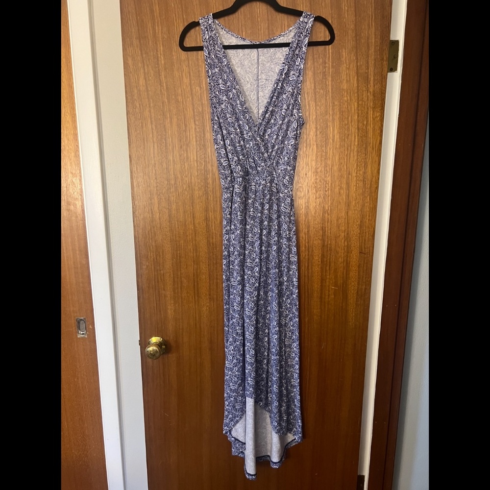 Blue Paisley Plung Neck High Low Dress
